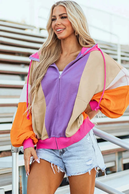 Color block zip-up hoodie with drawstring and long sleeves