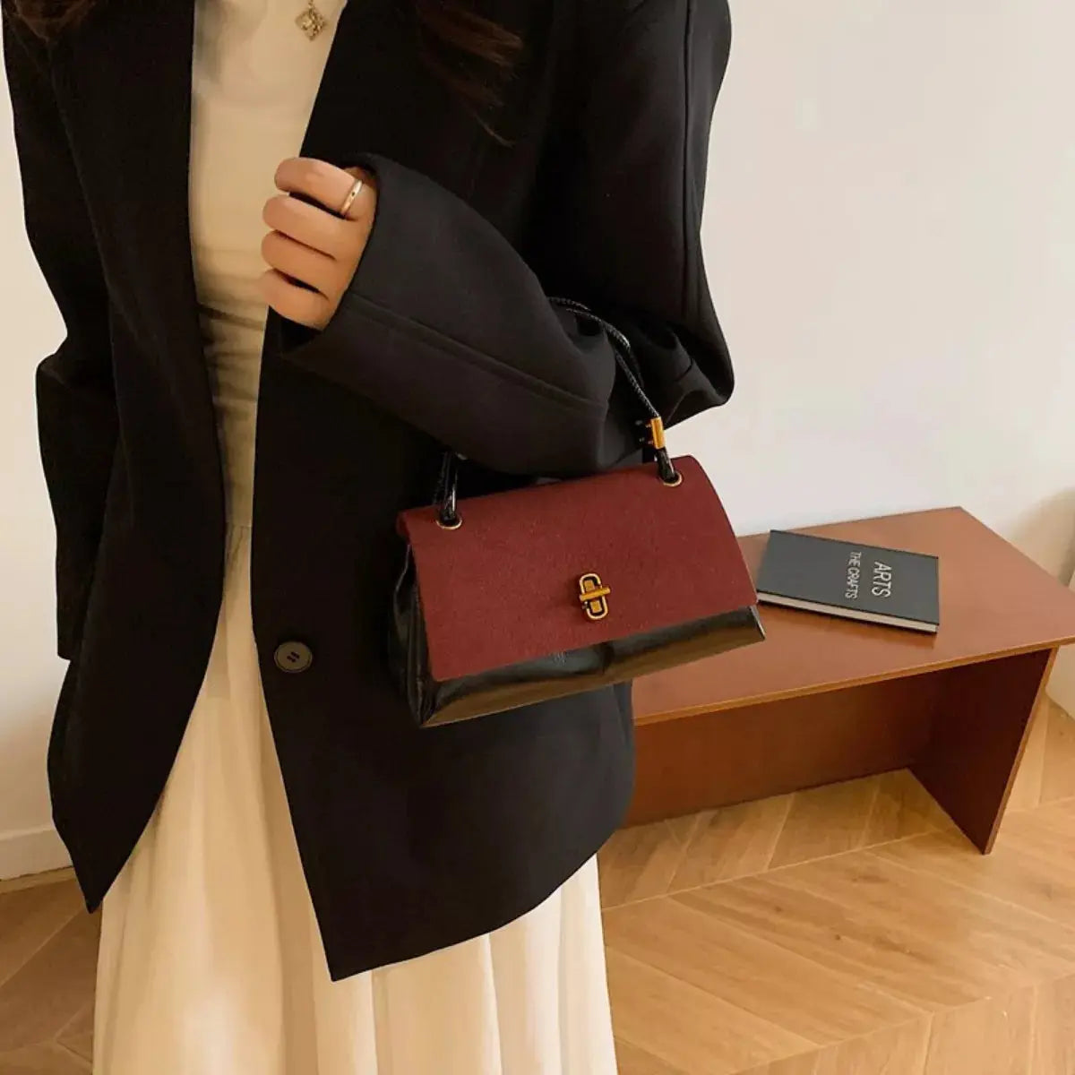 Flap Crossbody Bag With Top Handle Small PU Leather Gold Hardware Simply Love