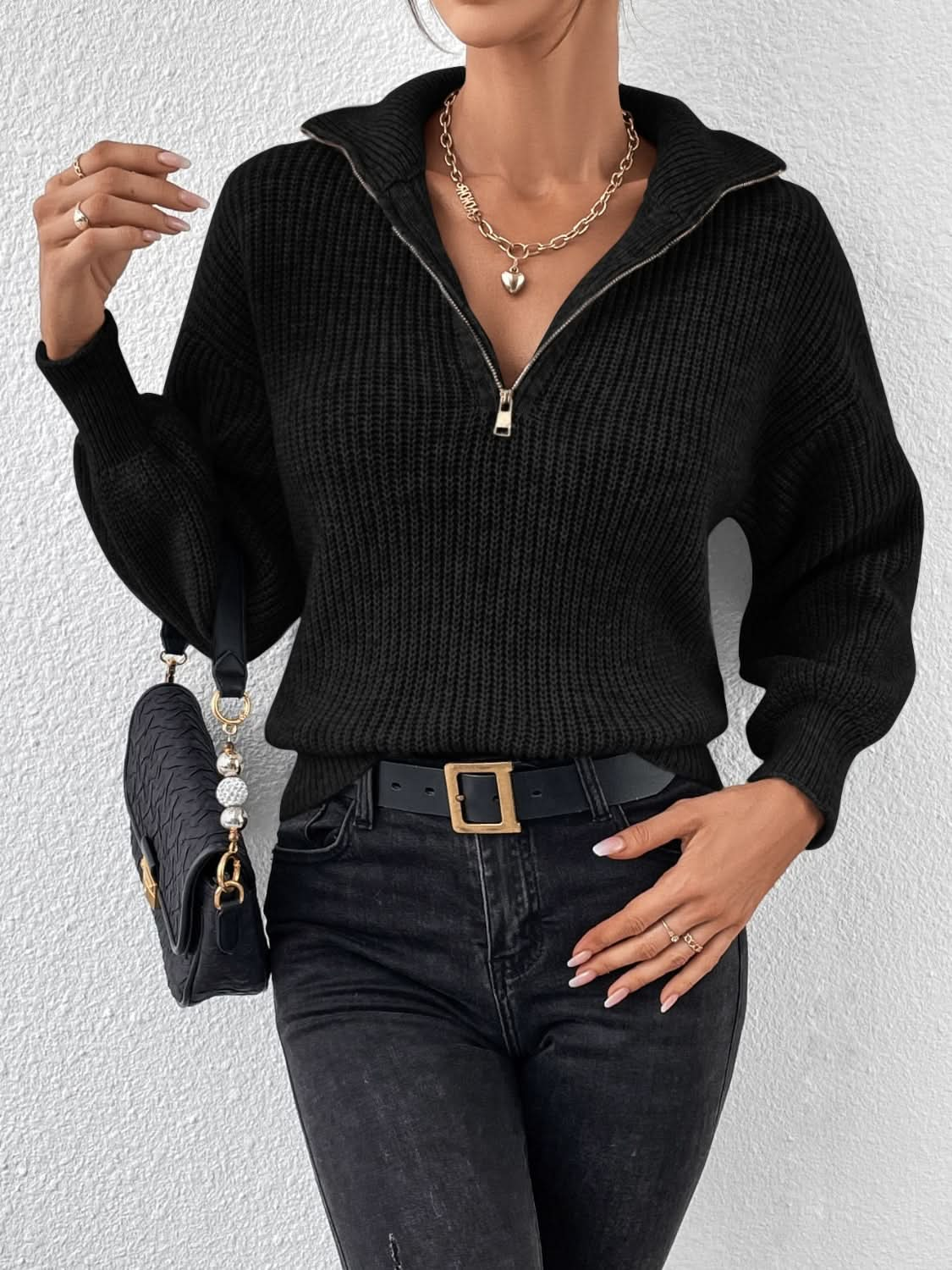 Cozy Honey Acrylic Half Zip Sweater with Dropped Shoulders