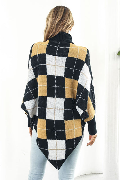 Plaid Turtleneck Dolman Sleeve Poncho.