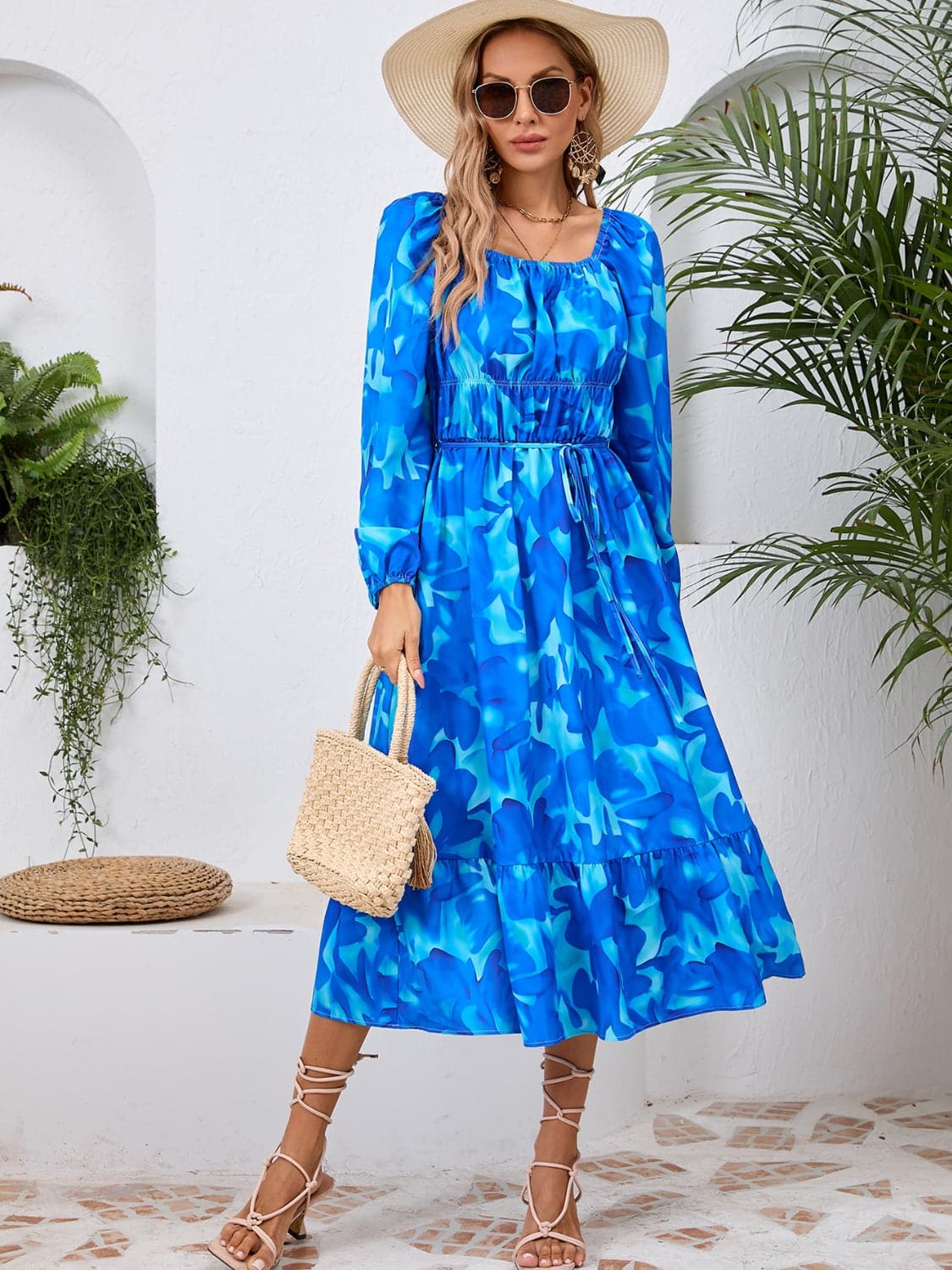 Printed Long Sleeve Midi Dress.