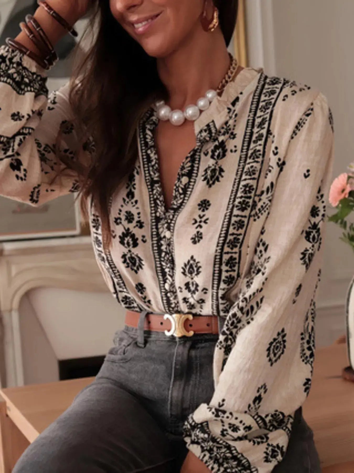 Printed Long Sleeve Blouse Simply Love
