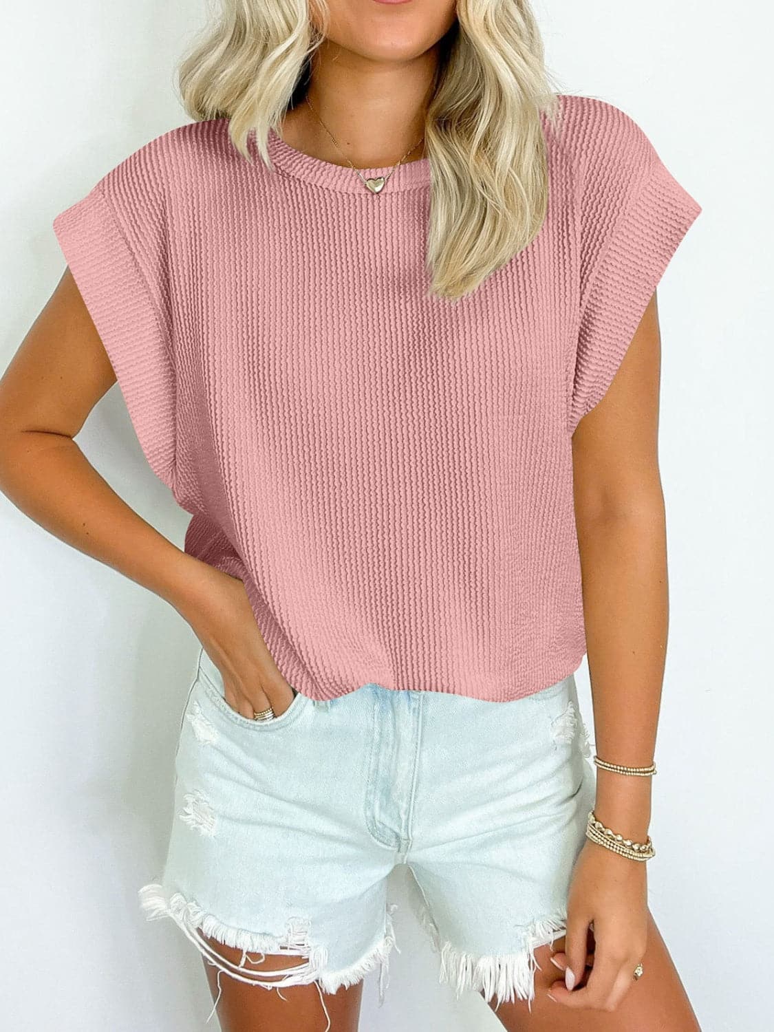 Textured Round Neck Cap Sleeve Blouse.