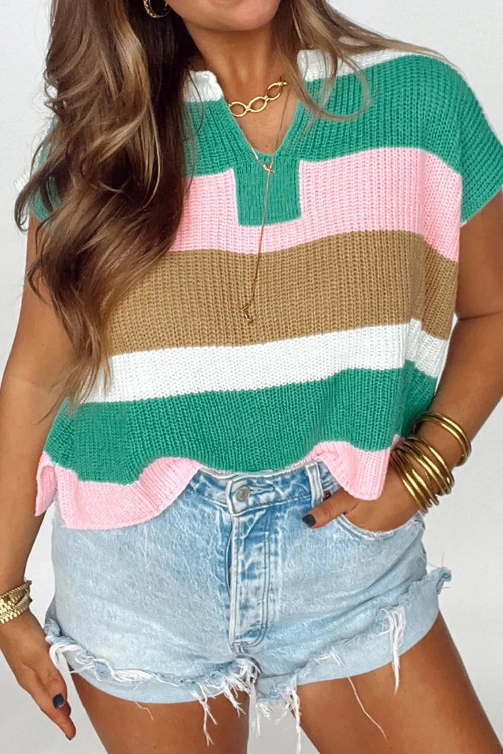 Color Block Notched Cap Sleeve Knit Top Simply Love
