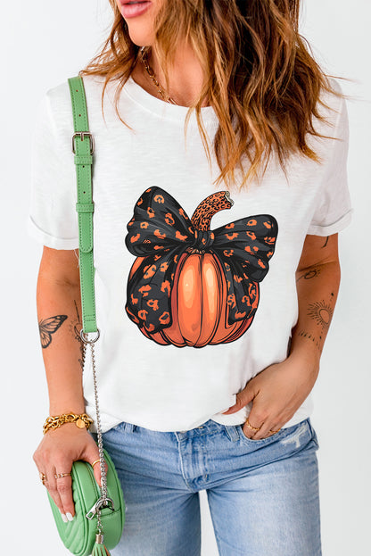 White pumpkin graphic t-shirt with bowknot detail for Halloween