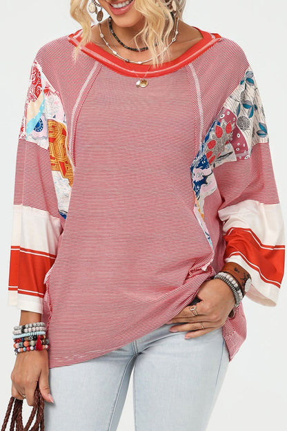 Floral Striped Patchwork Round Neck Blouse