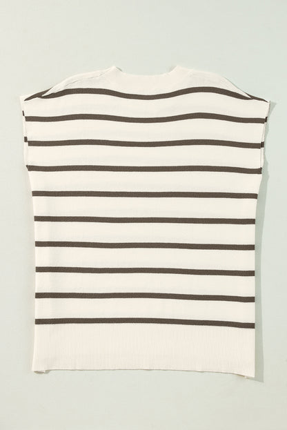 Brown Striped Crewneck Sweater Tee with Side Slits