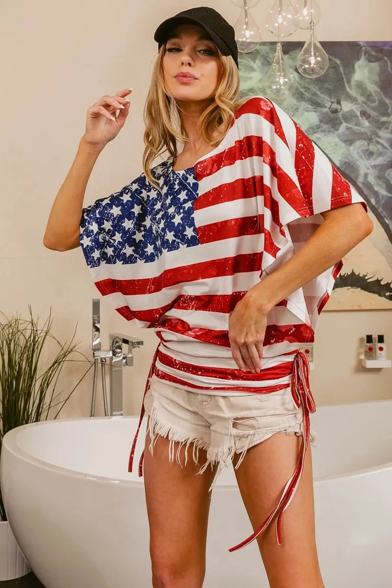 BiBi American Flag Printed Side Ruched Details Knit Top Coco’s Tee Boutique