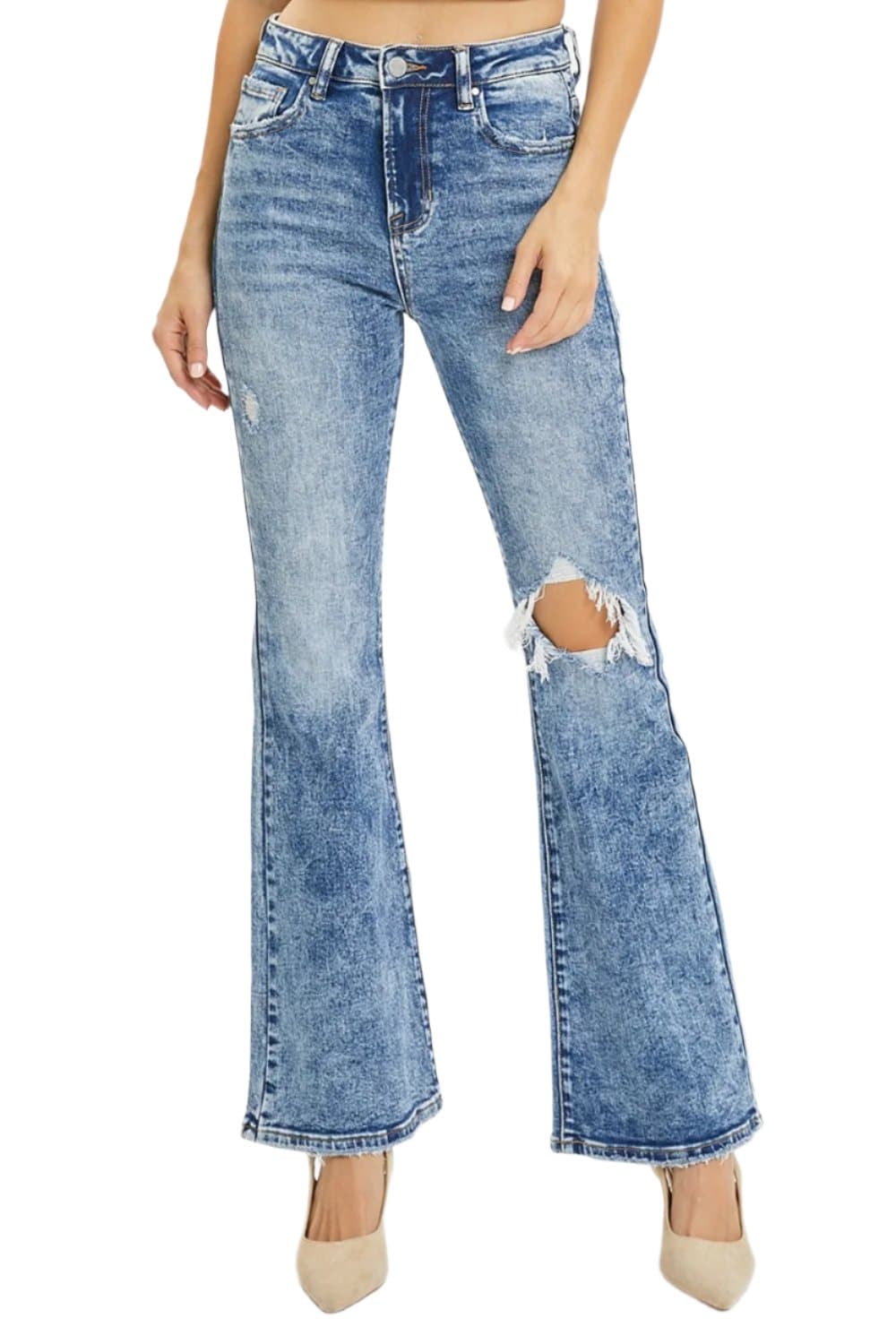 RISEN Full Size High Rise Distressed Flare Jeans.