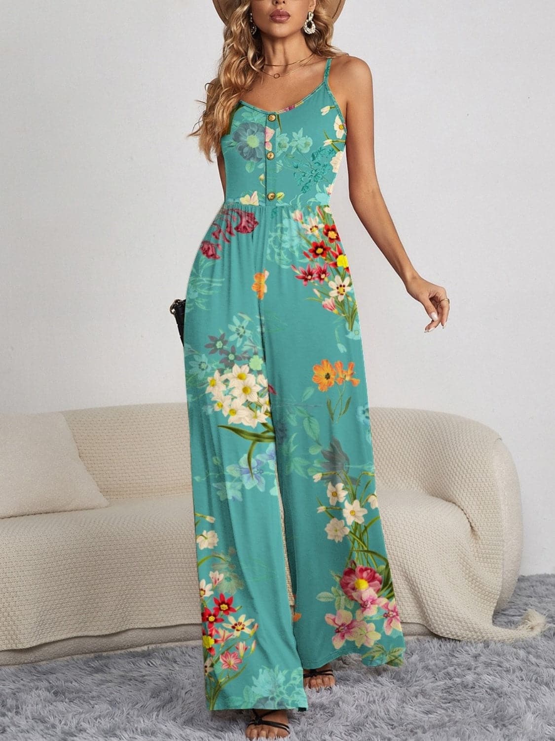 Decorative Button Spaghetti Strap Wide Leg Jumpsuit.