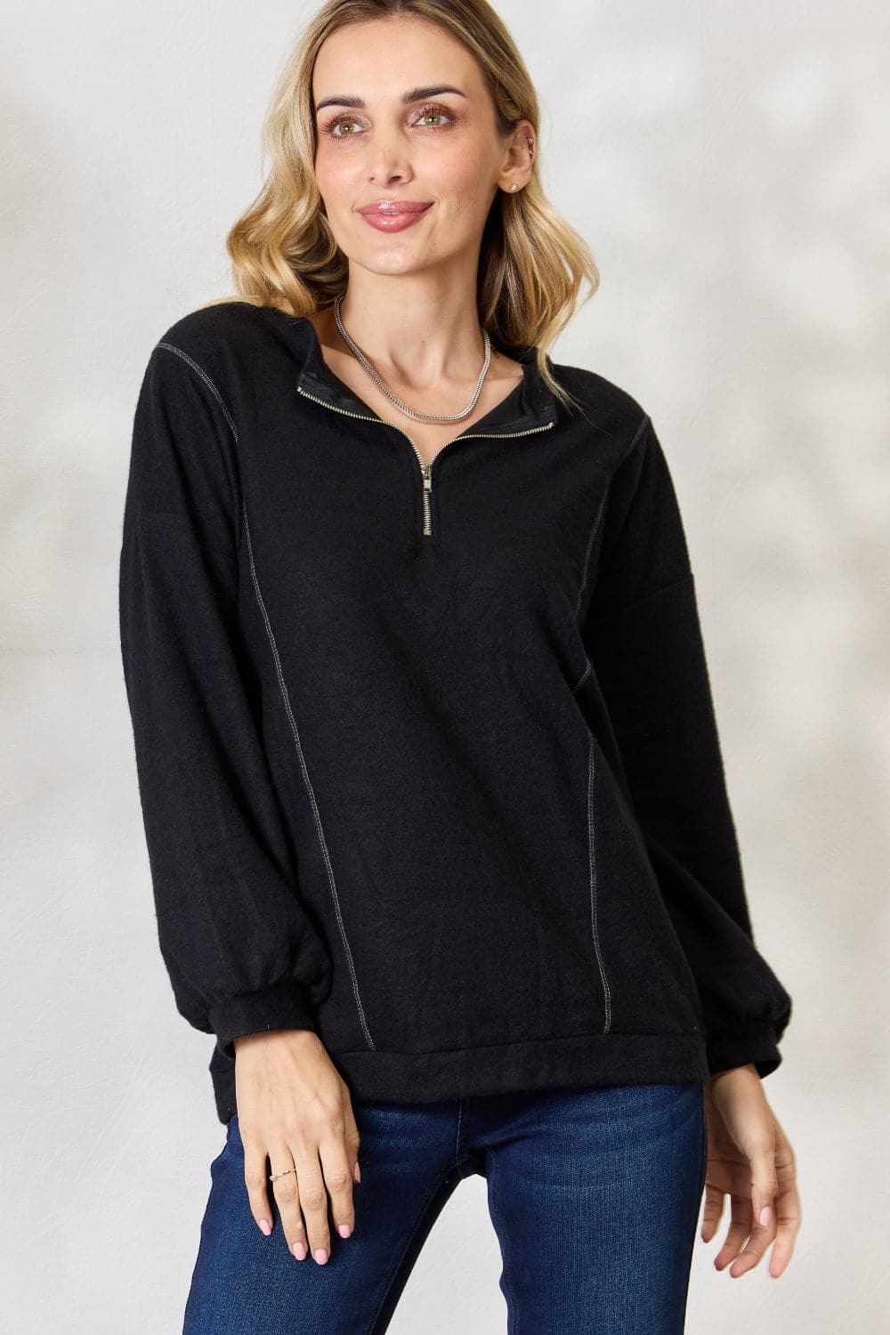 BiBi Half Zip Brushed Terry Long Sleeve Top