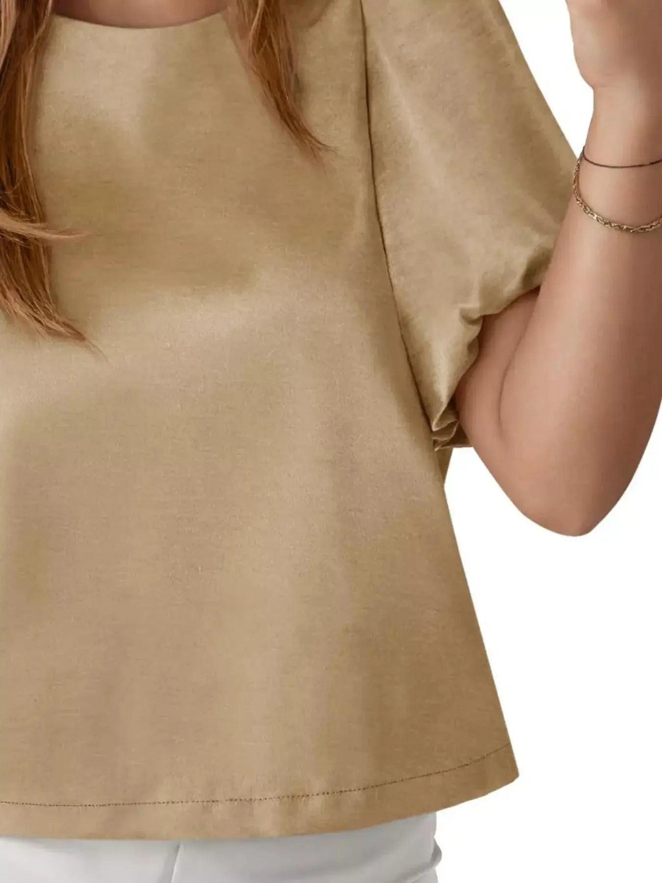 Round Neck Puff Sleeve Satin Top Simply Love