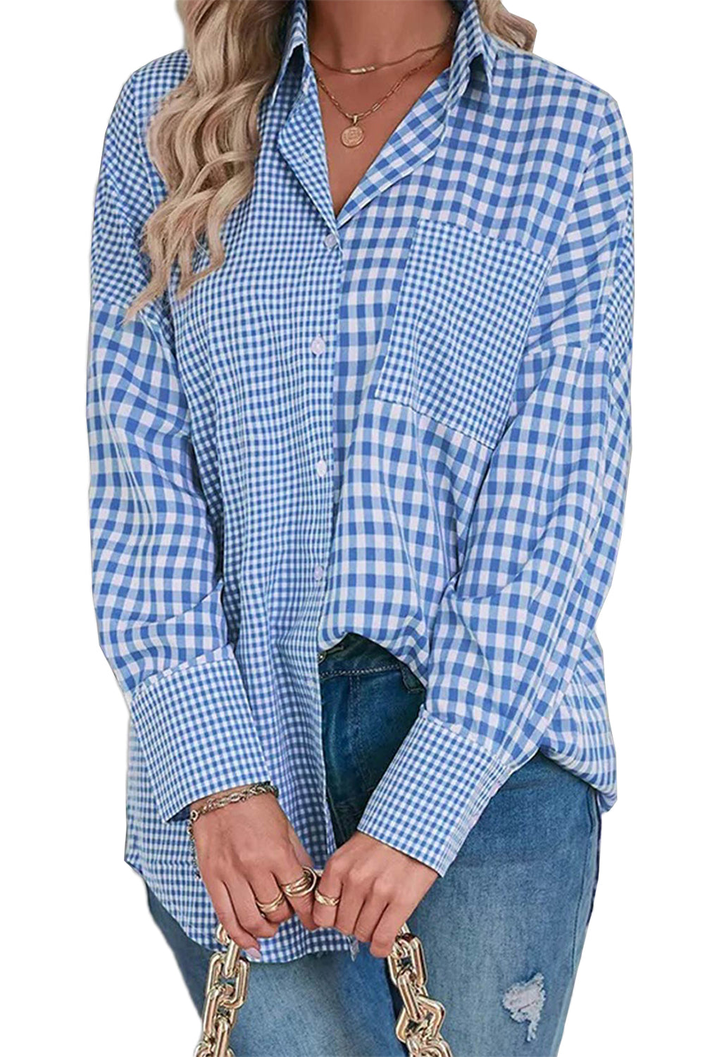 Sky blue plaid patchwork button-up shirt with long sleeves