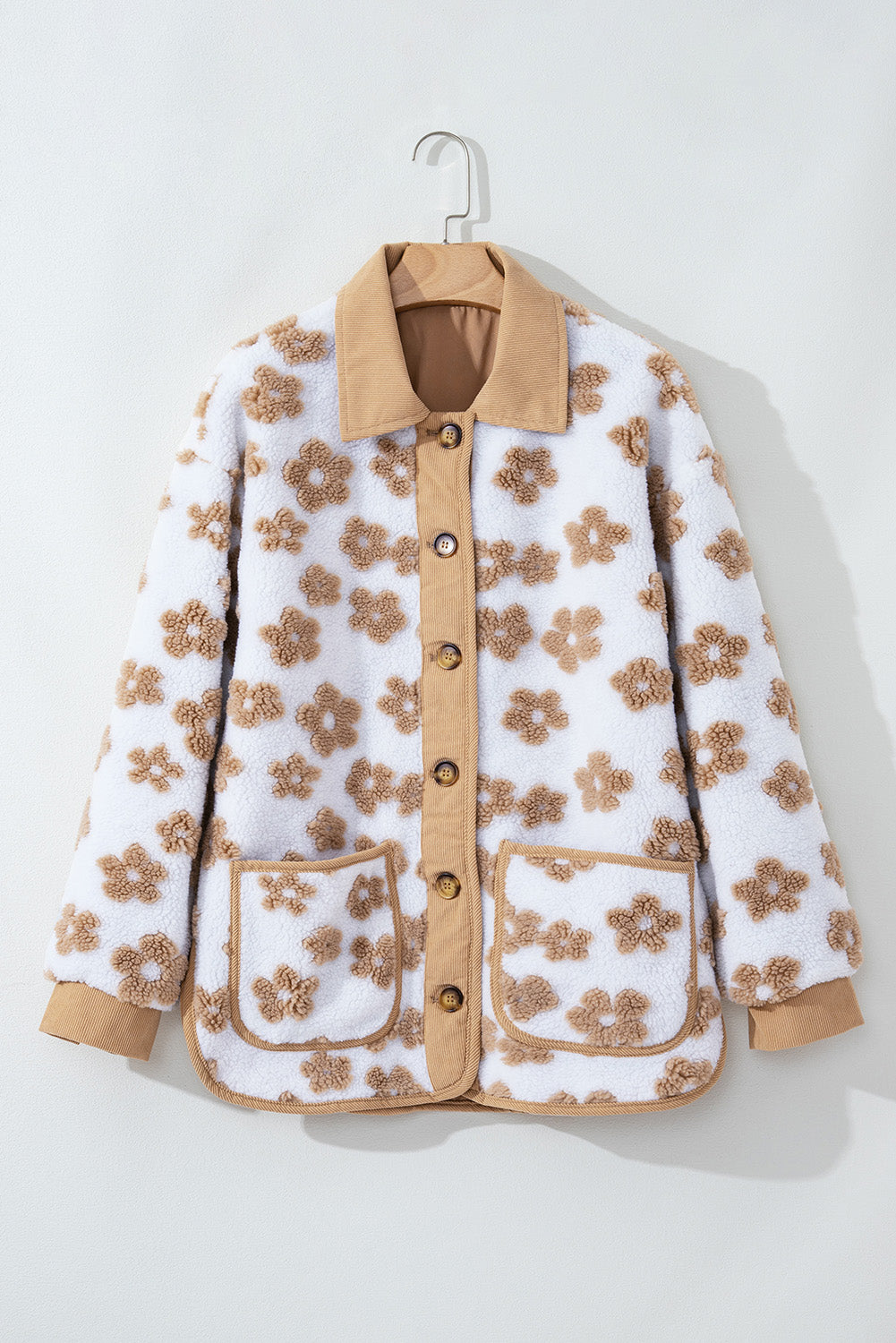 Charming beige fleece jacket with cute flower patterns and button-up design