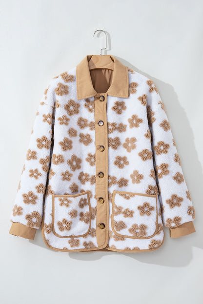 Charming beige flower fleece jacket