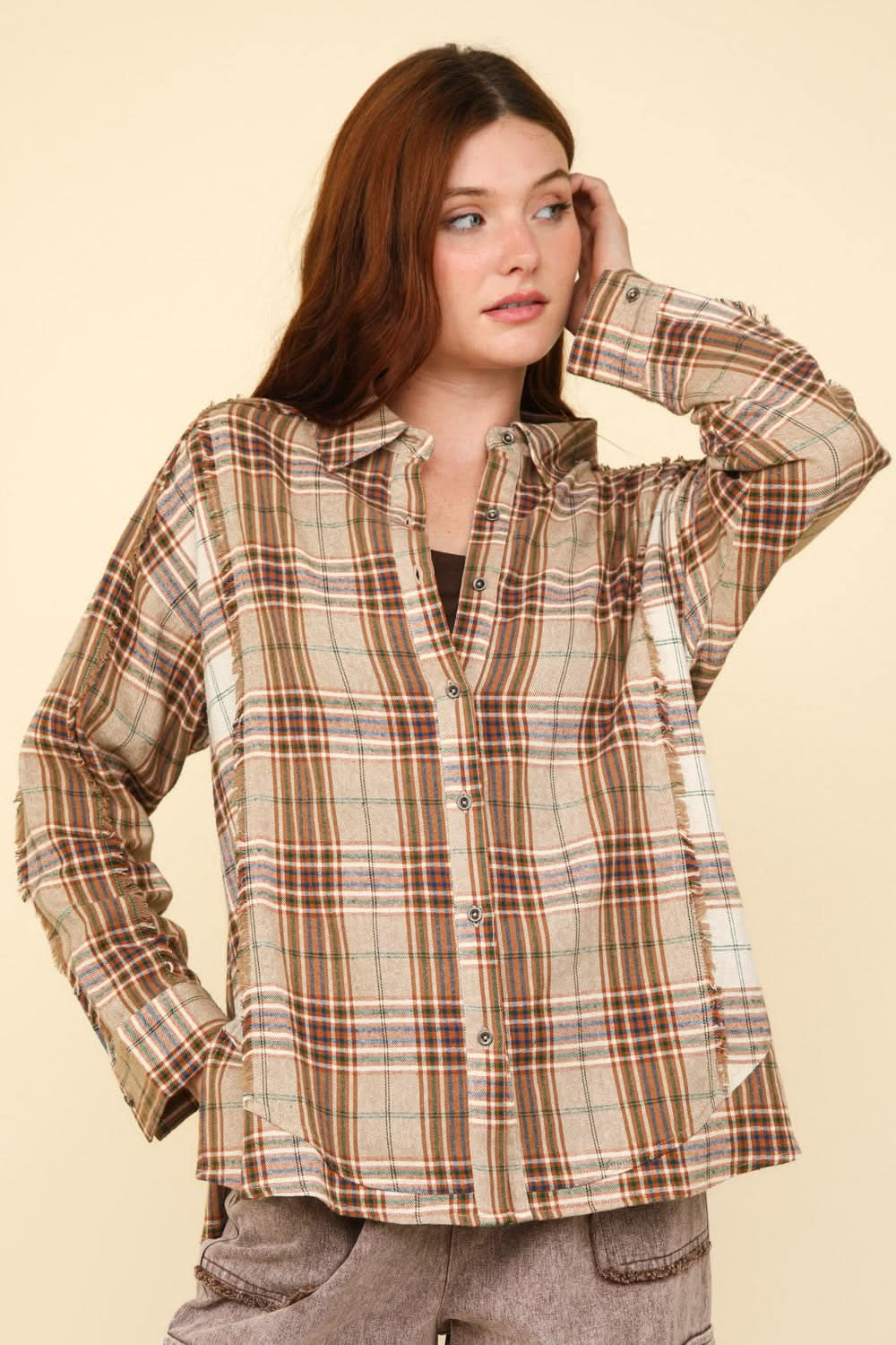 Very J plaid shirt with raw edges