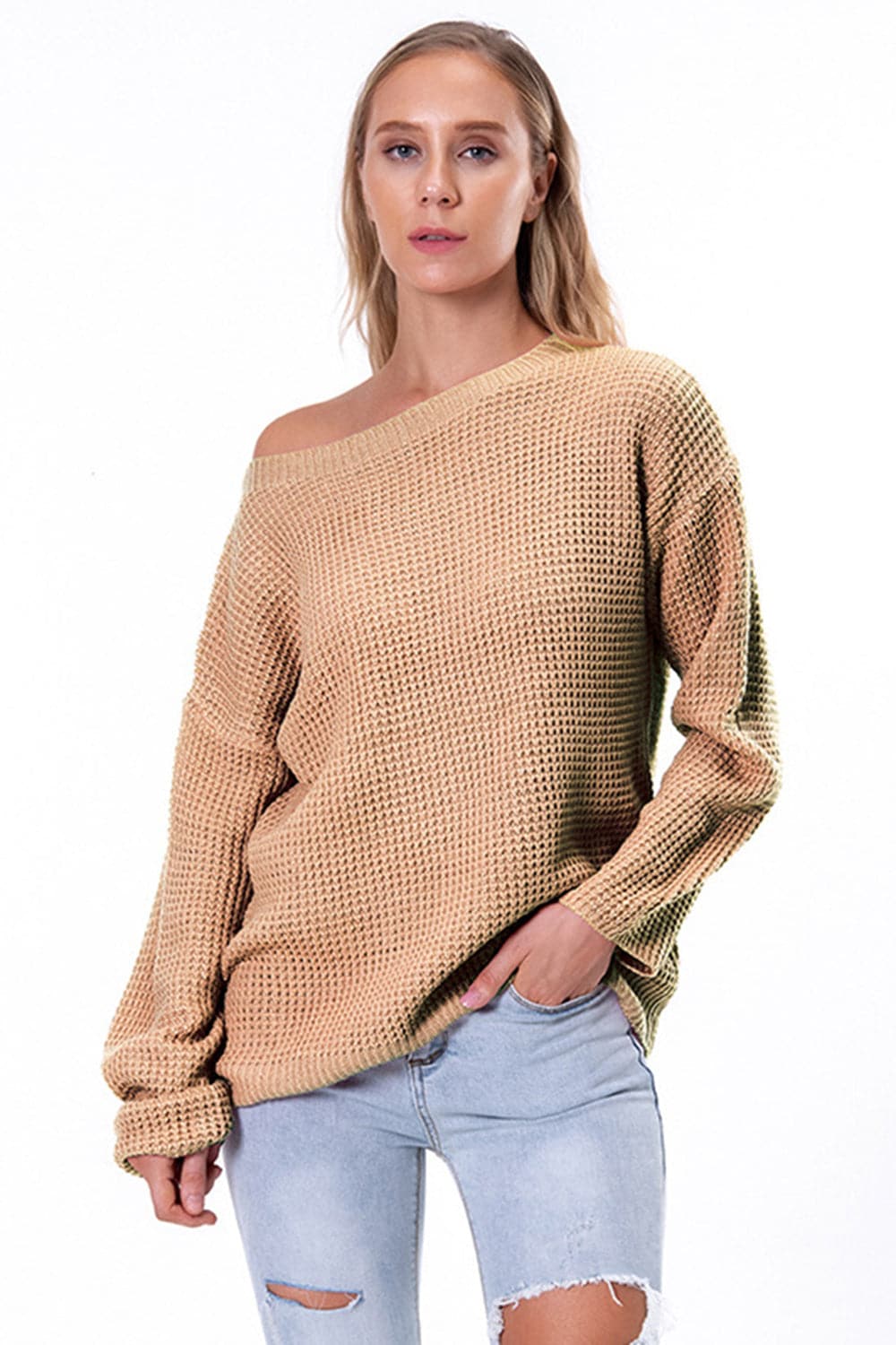 Boat Neck Drop Shoulder Long Sleeve Sweater.