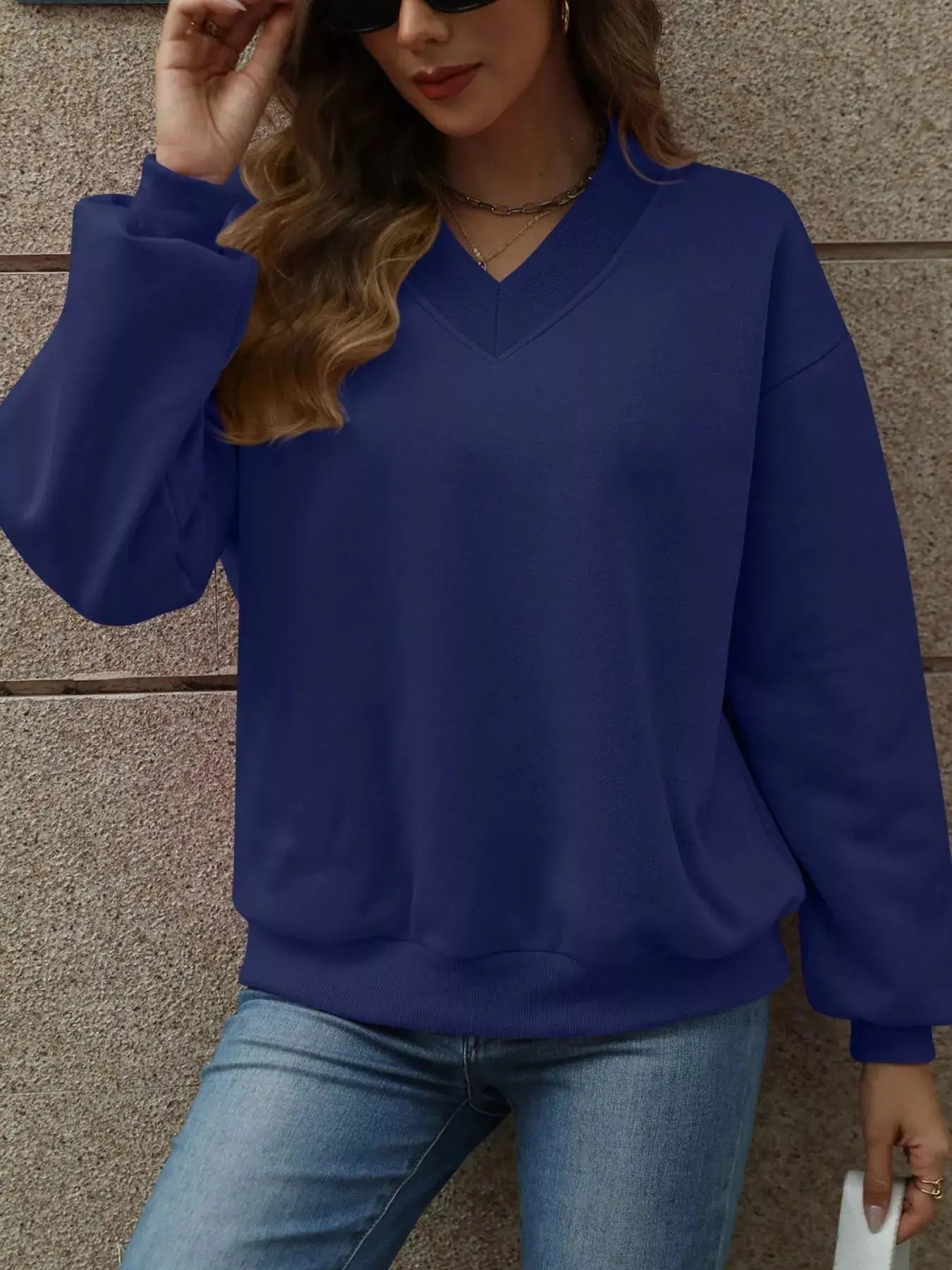 V-Neck Solid Color Casual Sweatshirt Simply Love