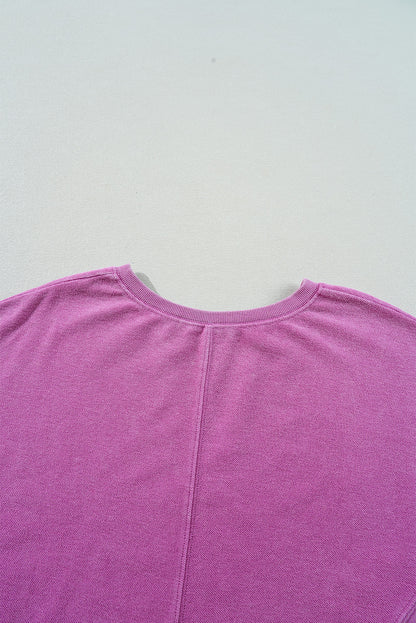 Bright Pink Solid Color Notched Neck Drop Shoulder Sweatshirt