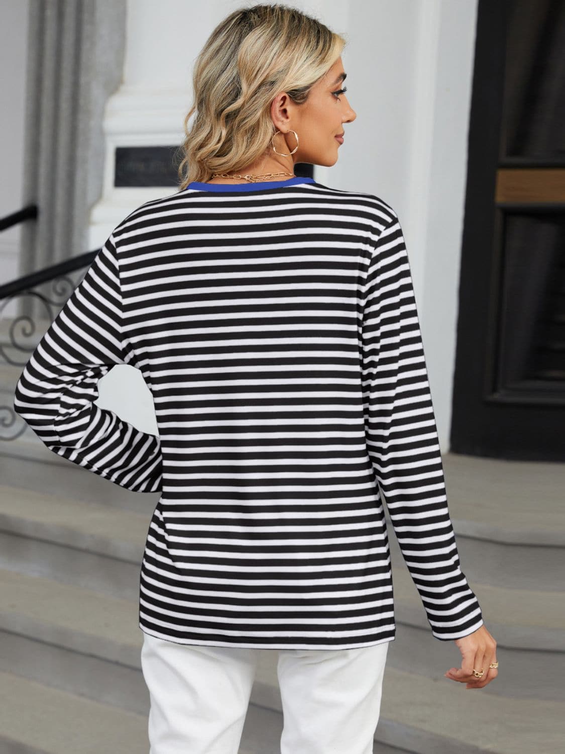 Striped Notched Long Sleeve T-Shirt.