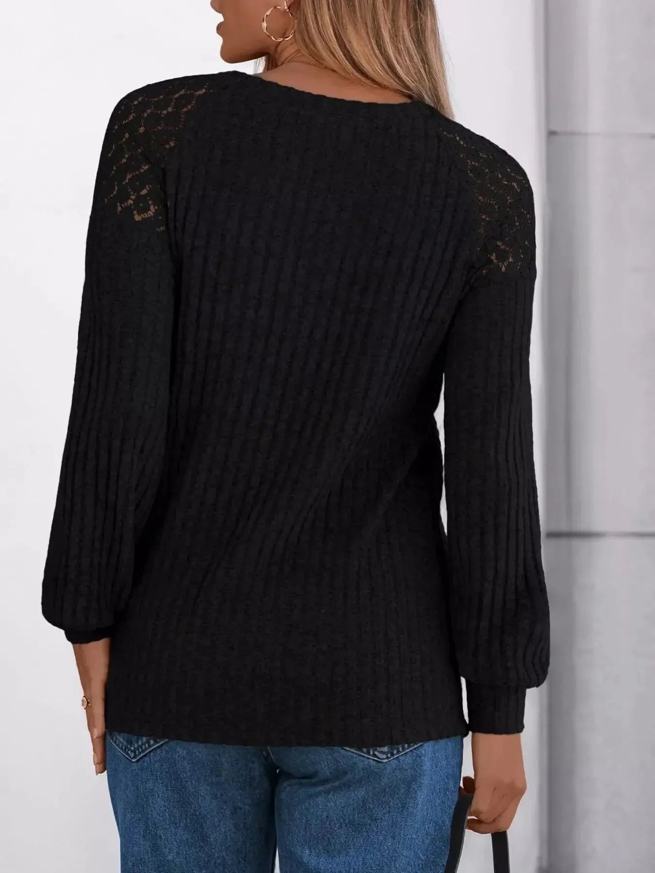 Ribbed Knit T-Shirt with Lace Shoulder Detail Simply Love