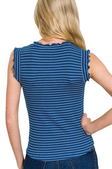 Zenana Ribbed Ruffle Trim Sleeveless Stripe Top - Love Salve 