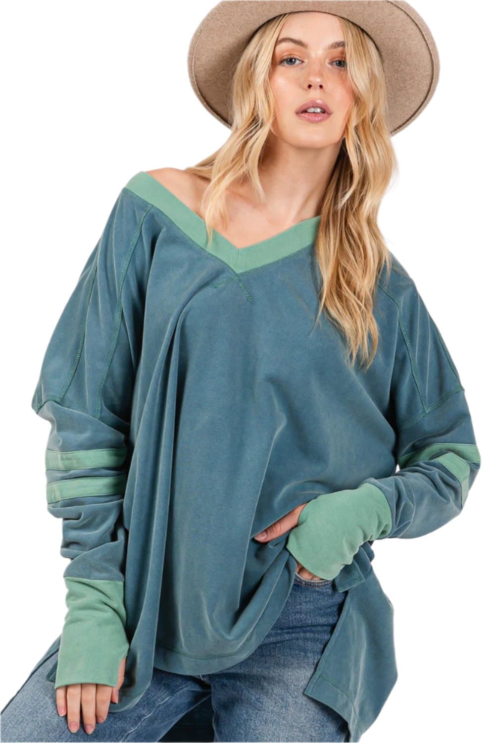 SAGE + FIG Mineral Wash Side Slit Contrast Top.