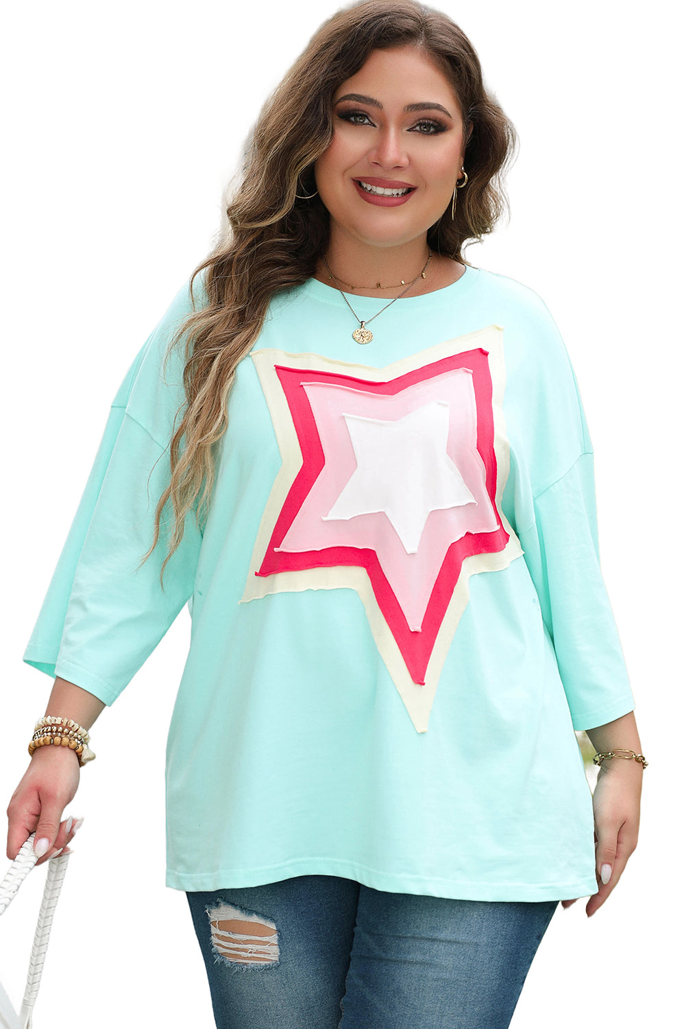 Chic moonlight jade star patch tunic for plus sizes