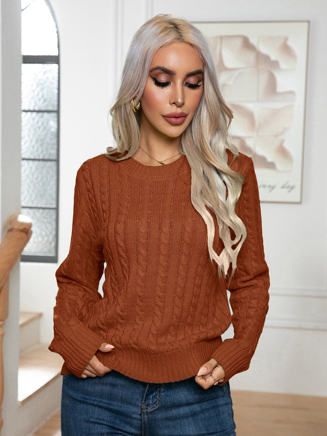 Cable-Knit Round Neck Long Sleeve Sweater.