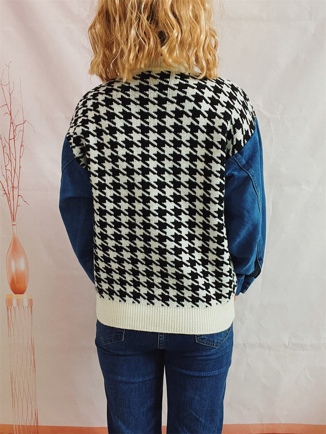 Houndstooth Denim Sleeve Sweater.