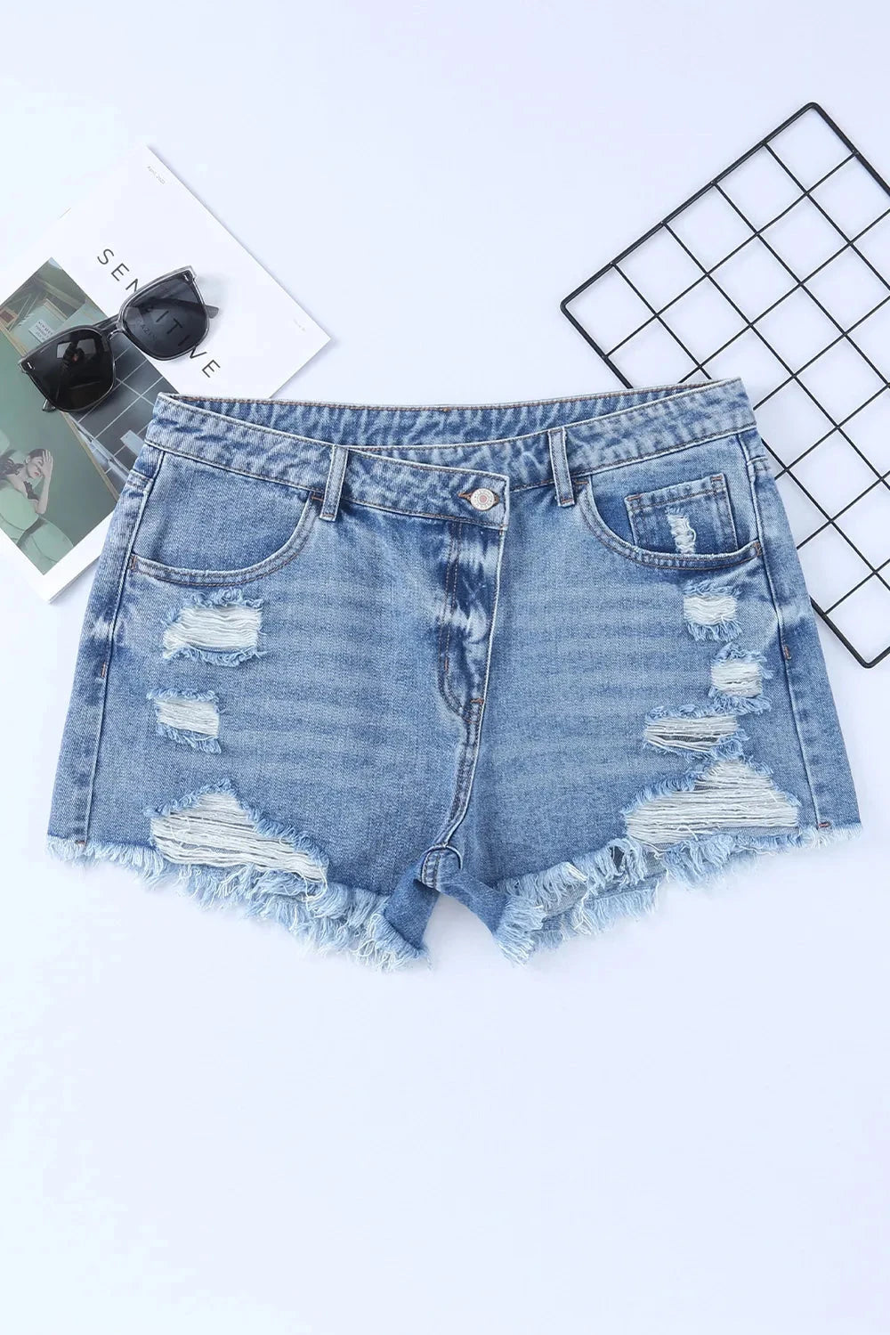 Crossover Cutie High Rise Distressed Denim Shorts Coco’s Tee Boutique