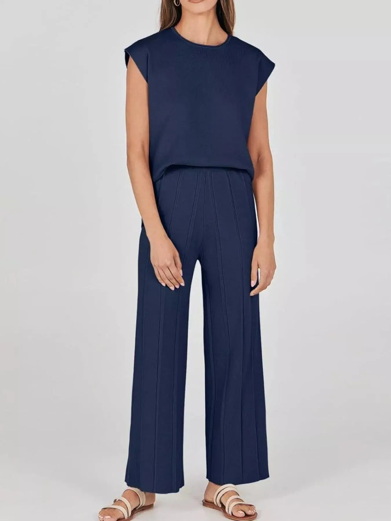Casual Solid Color Cap Sleeve Top and Pants Knit Set Simply Love