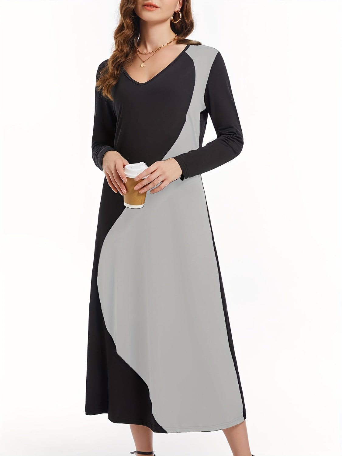 Contrast Long Sleeve Midi Dress.