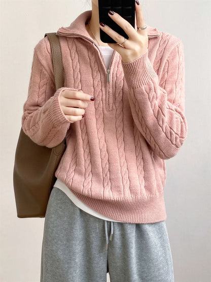 Cozy cable-knit half zip sweater with moderate stretch