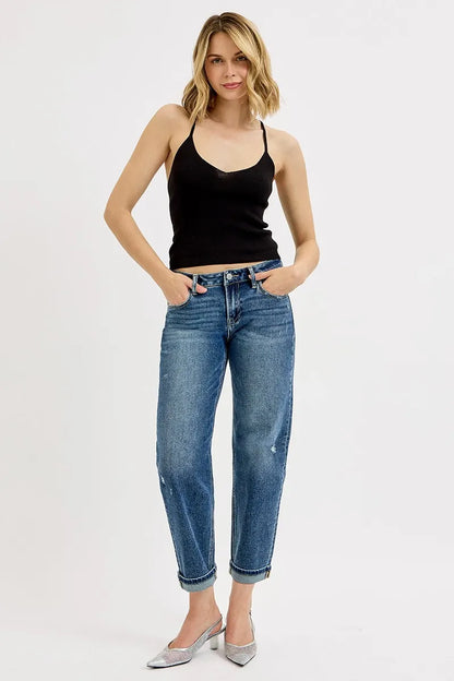 Risen Full Size Low Rise Crop Boyfriend Jeans Plus Size Vintage Medium Blue Wash - Love Salve 