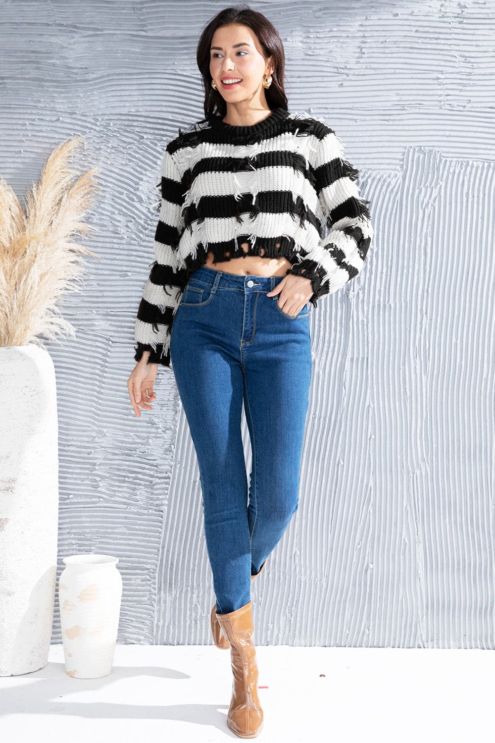 Striped Fringe Round Neck Sweater.