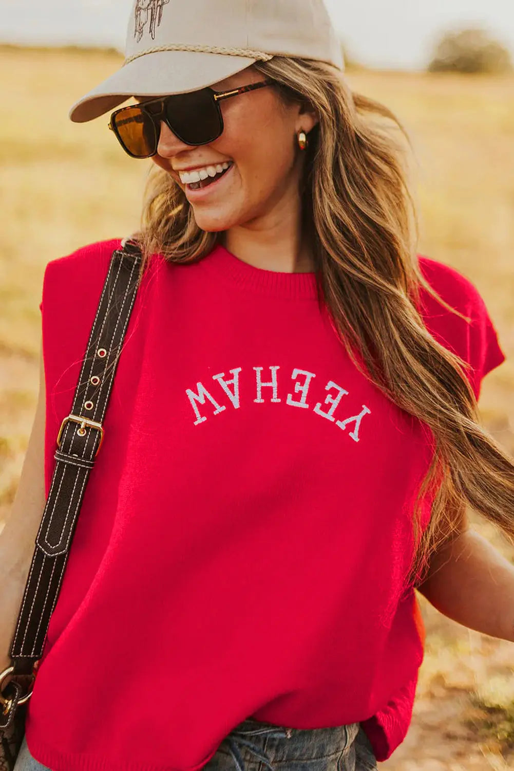 Fiery Red Embroidered Yeehaw Letter Loose Short Sleeve Sweater Dear-Lover Dropshipping