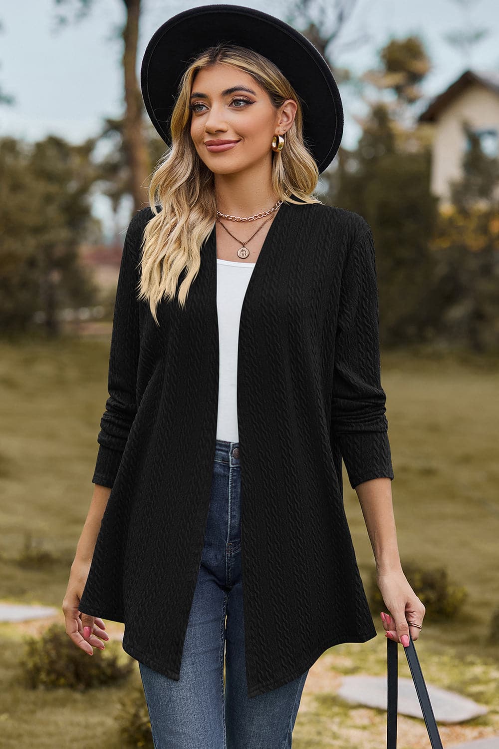 Textured Open Front Long Sleeve Cardigan.