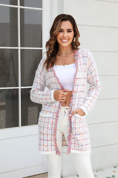 Plaid Fringe Trim Open Front Longline Cardigan.