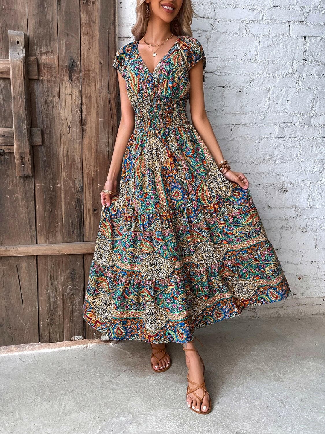 Smocked Printed Cap Sleeve Midi Dress.