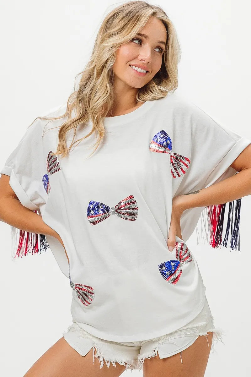 BiBi American Flag Sequin Ribbon T-Shirt - Love Salve 