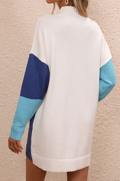 Color Block Mock Neck Dropped Shoulder Sweater Dress.