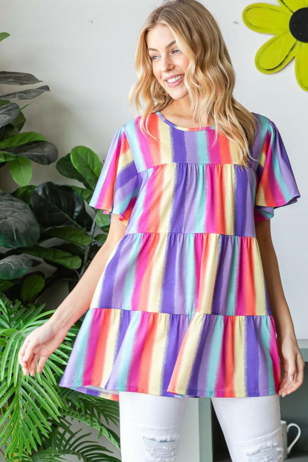 Heimish Full Size Short Sleeve Striped Tiered Top.