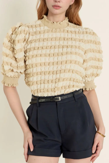 Textured Mock Neck Short Sleeve Blouse