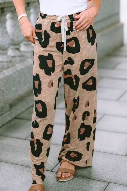 Leopard Drawstring Wide Leg Pants with Pockets.