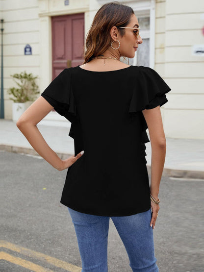 Ruffled V-Neck Short Sleeve TopRuffled V-Neck Short Sleeve Top

Introducing our elegant Ruffled V-Neck Short Sleeve Top, a must-have addition to your wardrobe for a touch of sophistication and styLove Salve -Neck Short Sleeve TopT-Shirts