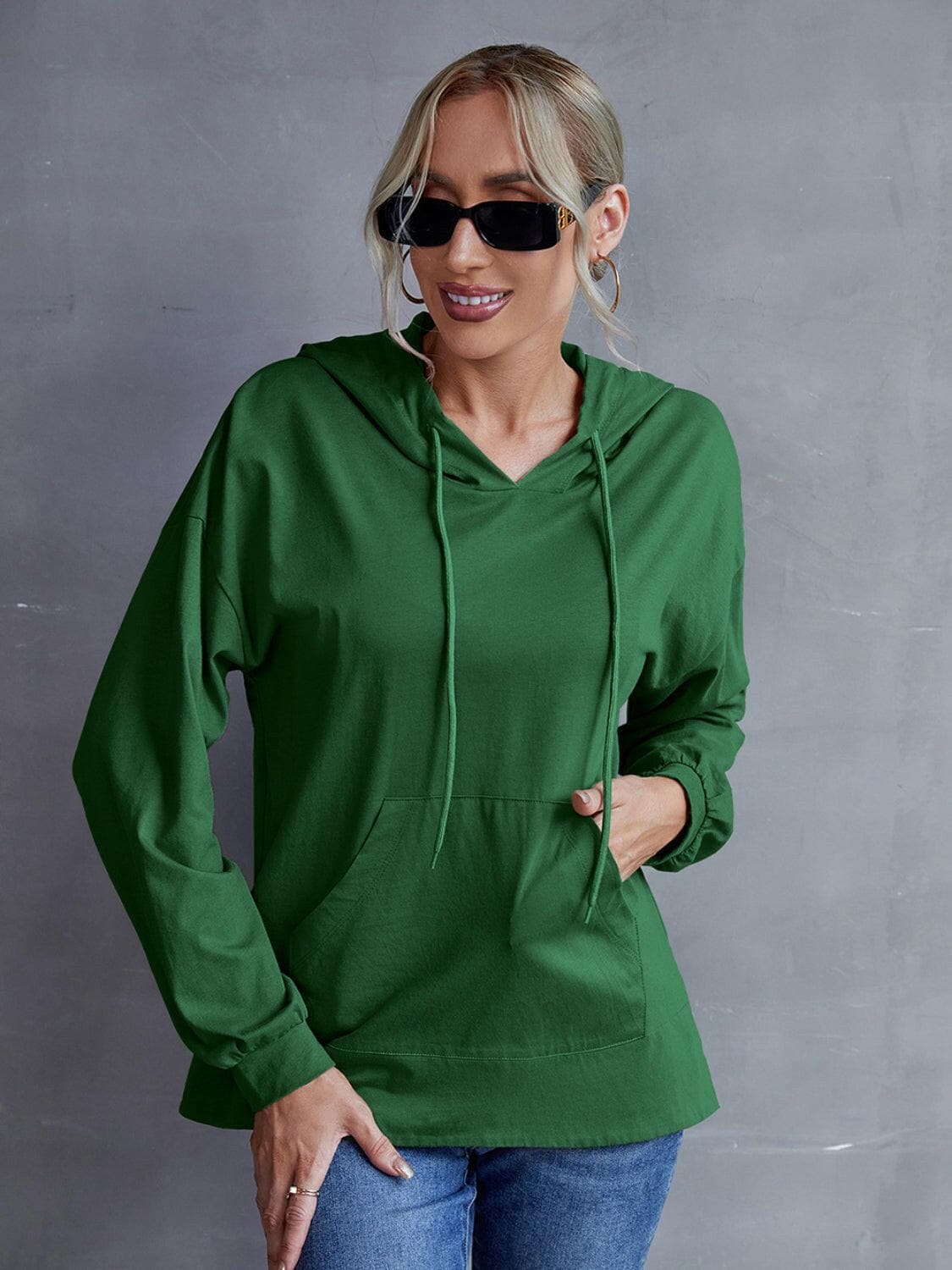 Drawstring Pocketed Dropped Shoulder Hoodie.