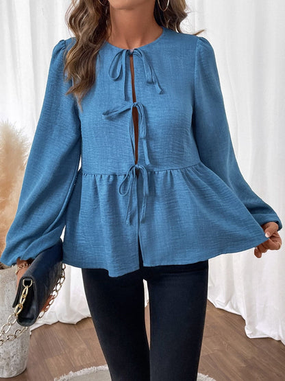 Chic tie neck peplum blouse