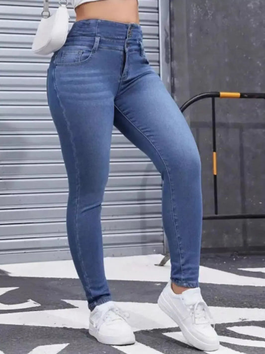 High Waist Slim Fit Fleece Lined Jeans With Pockets And Stretch Simply Love