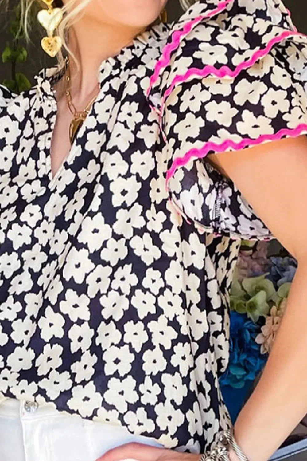 Printed V-Neck Flounce Sleeve Blouse Coco’s Tee Boutique